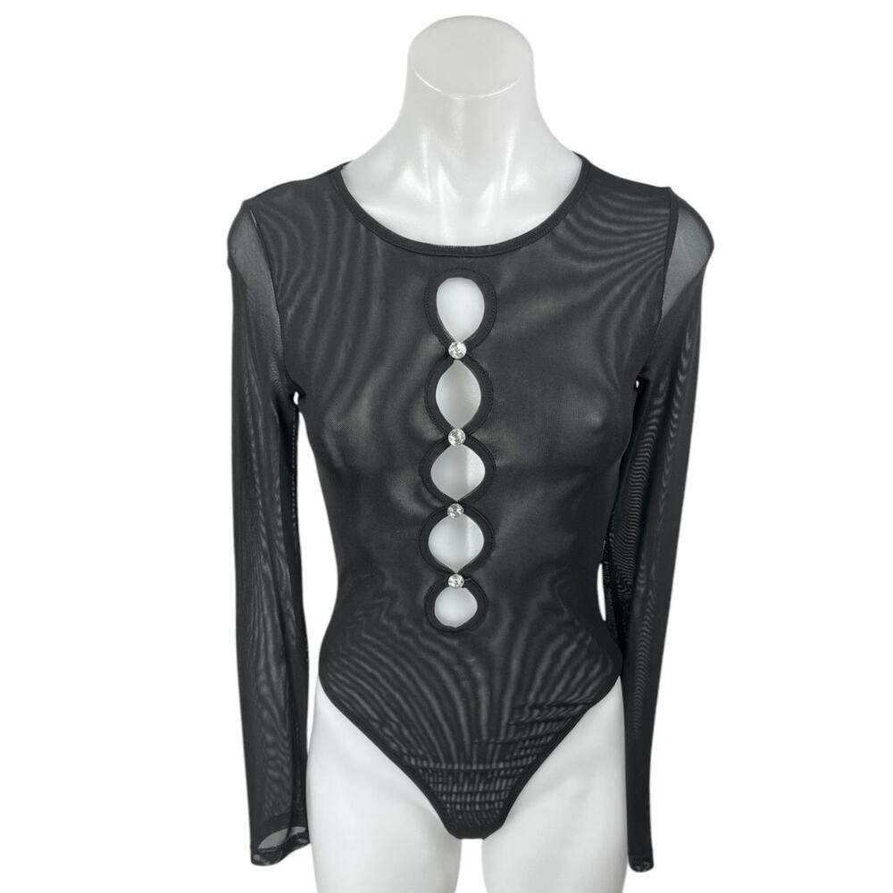 Princess Polly Harlee Black Long Sleeve Jeweled Cutout Mesh Sheer Bodysuit Top 6